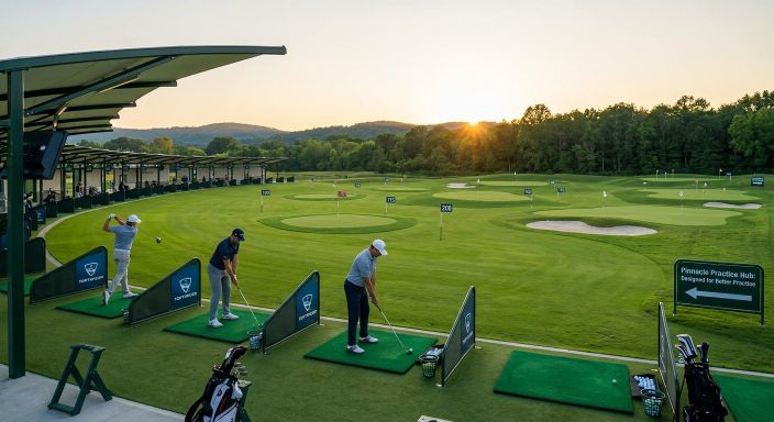 Professional multi-bay driving range at sunset in the West Midlands