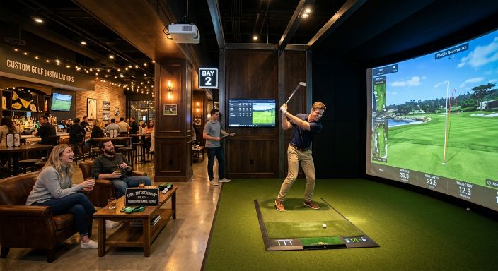 Luxury indoor golf simulator lounge in Birmingham with full swing bay and seating