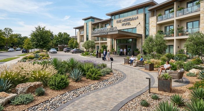 Hotel entrance and landscaping with artificial grass