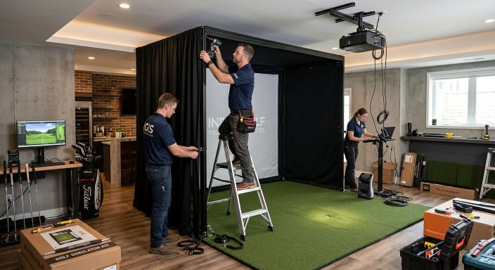 Professional team installing indoor golf simulator enclosure and turf in a Birmingham home