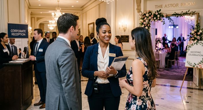 Professional event venue team networking in elegant indoor space