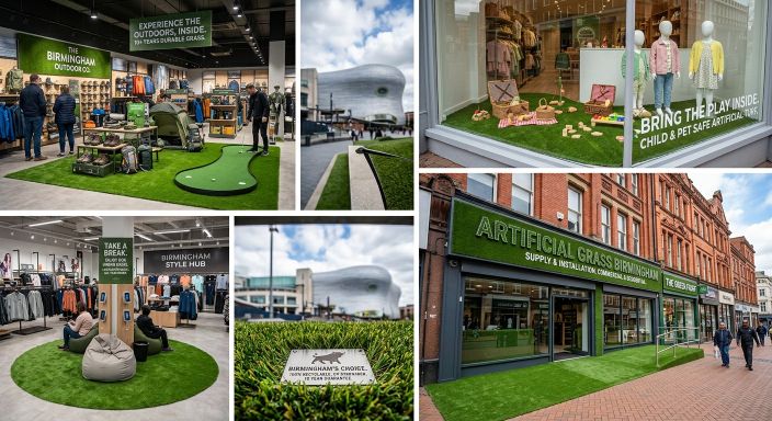 Retail shop front artificial grass installations in Birmingham including entrances, displays and commercial frontages