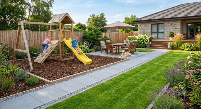 Safe outdoor play area with artificial grass and wooden play equipment