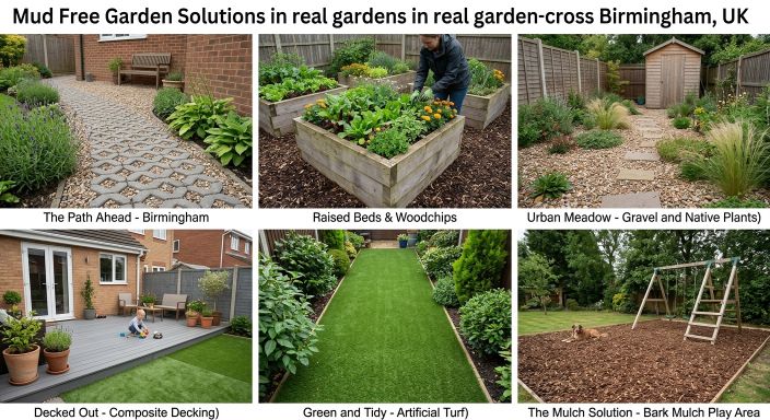 Mud free garden solutions collage showing artificial turf, resin paths, raised beds and play areas in Birmingham