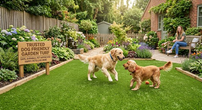 Two dogs playing on soft dog-friendly artificial grass with owner watching