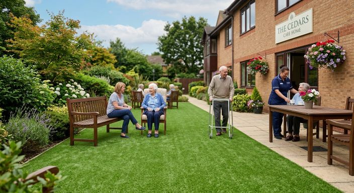 Residents and staff enjoying a safe artificial grass garden at a care home