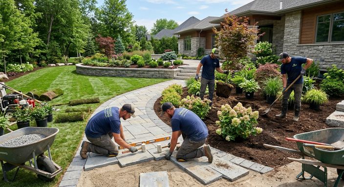Professional landscaping team installing paths and planting for commercial and residential sites