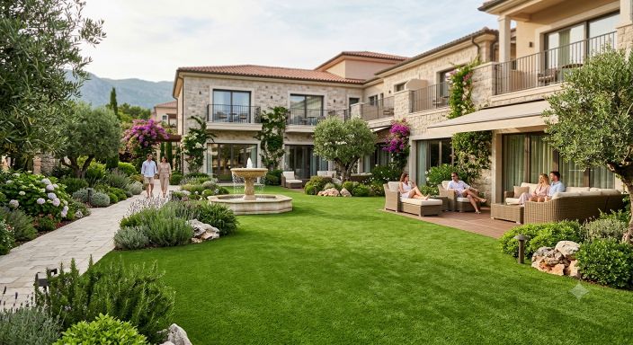 Luxury hotel courtyard with artificial grass