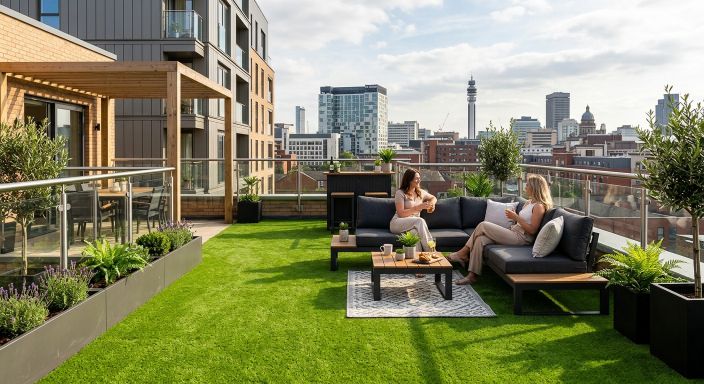 Harborne residential rooftop terrace with artificial grass