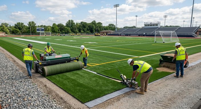 Professional multi-sport turf installation crew working on a football field in Birmingham