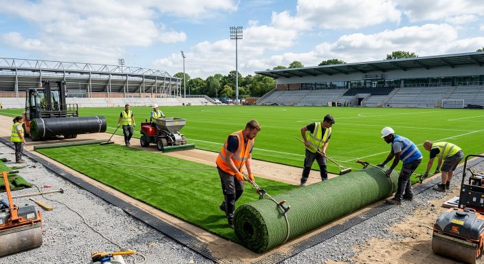 Professional team installing artificial grass surface