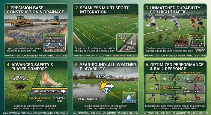 Infographic showing six key benefits of professional multi-sport turf installation