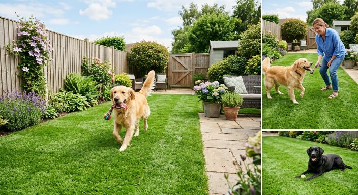 Golden Retriever and Black Labrador enjoying dog-friendly artificial grass in a Birmingham garden