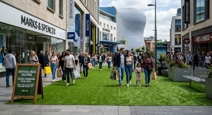 Artificial grass strip creating a welcoming retail entrance near the Bullring Birmingham