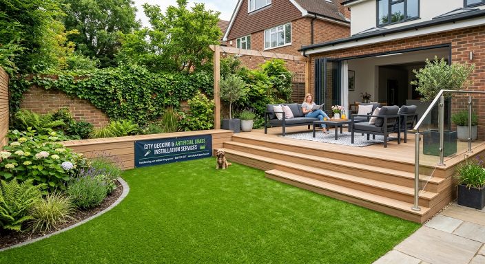 Modern composite decking with artificial grass lawn and outdoor seating in a Birmingham garden