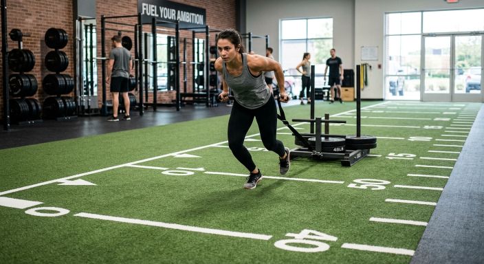 Athlete performing sled push on high-performance gym fitness turf