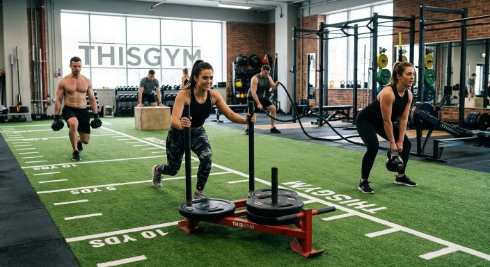 Modern gym fitness turf installation with marked training lanes